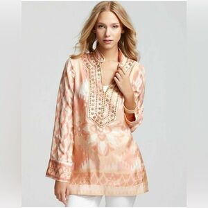 TORY BURCH Iveta Pink Peach Silk Tribal Metal Bead Tunic Top Sz 4 Long Sleeve